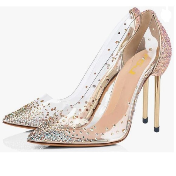 FSJ Rosy Gold Glitter Studded Pointed Toe Transparent Pumps High Heels Shoes - Picture 1 of 8